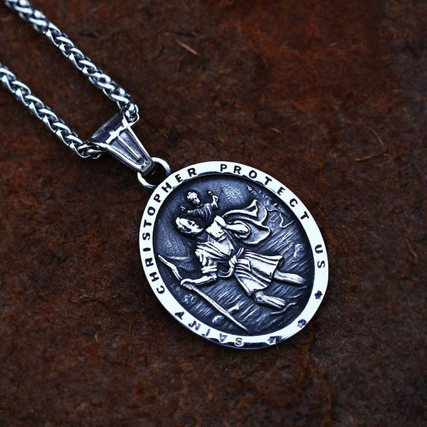 Mens Stainless Steel Saint Christopher Protect Us Pendant